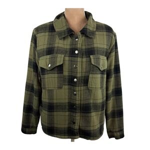 Lucky Brand Womens Jacket‎ Army Green Plaid Flannel Sherpa Lined Pockets Sz Lg